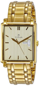 Titan Quartz Analog with Day and Date Men's Watch with Champagne Dial and Stainless Steel Strap, 1506YM02